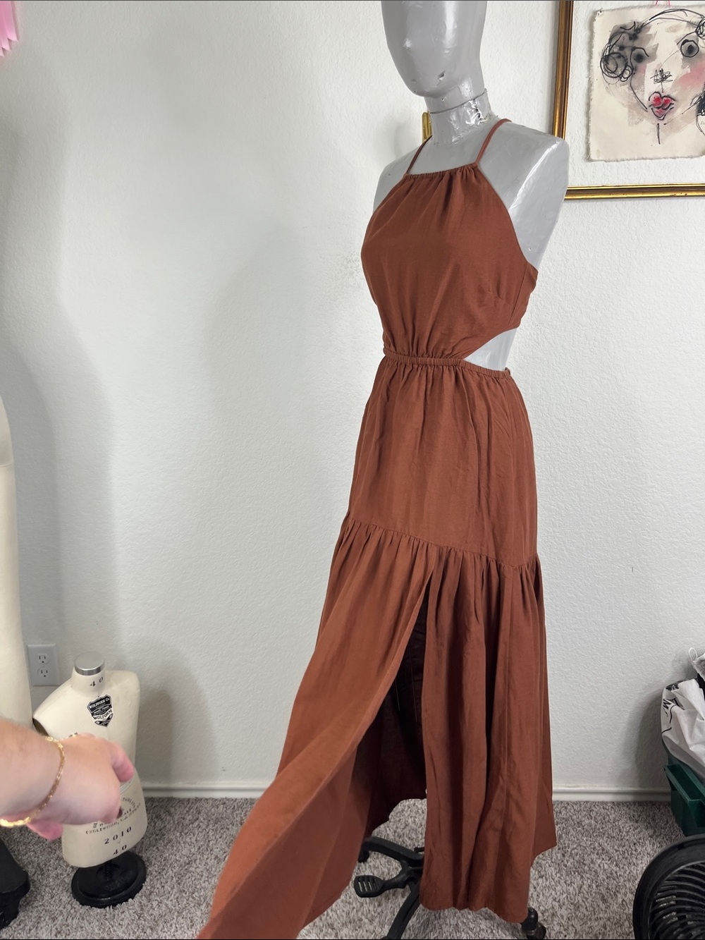 L*Space “Jaide” Dress in Coffee Brown Linen Tiered Open Back Tie